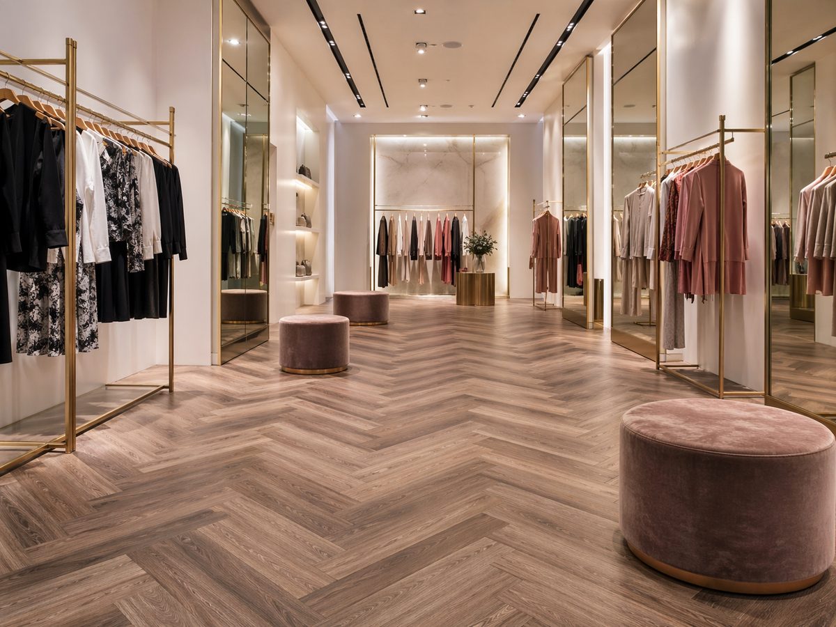 Кварцвинил в бутике одежды — пол ёлочкой Дуб Монпелье, золотые вешалки, зеркала, розовые пуфы