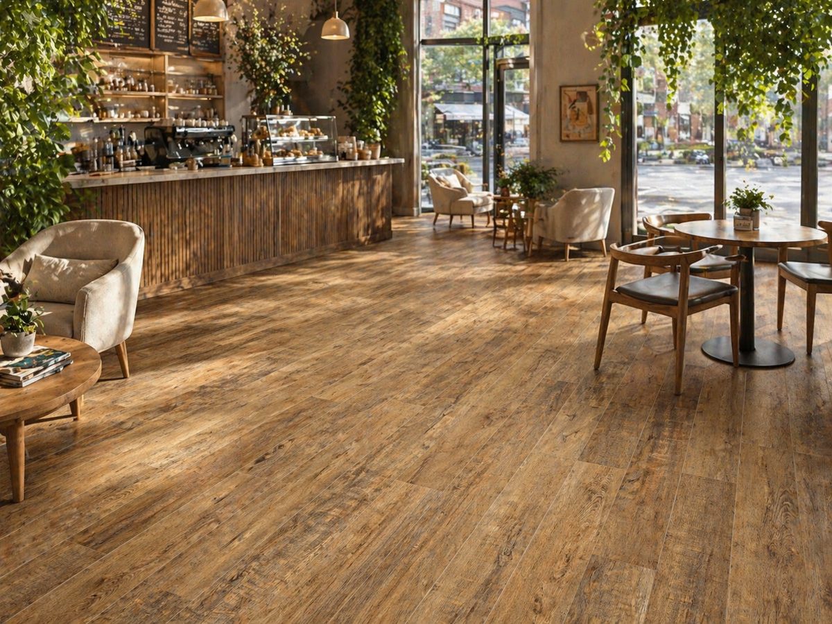 Кварцвинил для кафе — тёплый коричневый SPC-пол Дуб Робуста в кофейне с барной стойкой и мягкими креслами