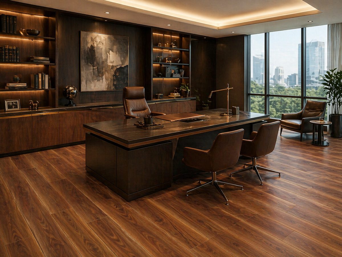 Кварцвинил в офисе директора — пол Дуб Красный Grand Sequoia, массивный стол, кожаные кресла, книжные шкафы