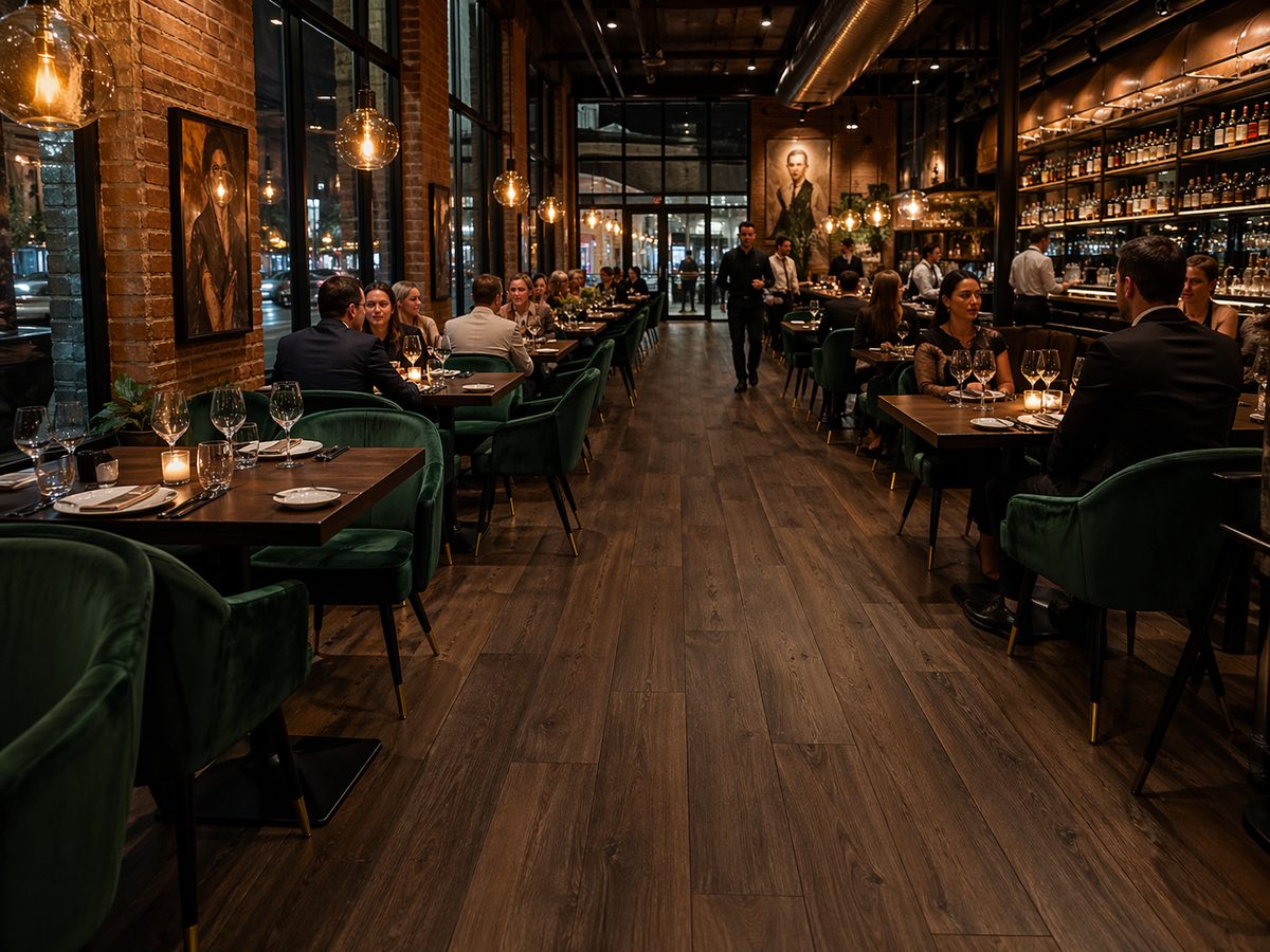 Кварцвинил в ресторане — тёмный дубовый SPC-пол, зелёные кресла, вечерний свет, камерная атмосфера