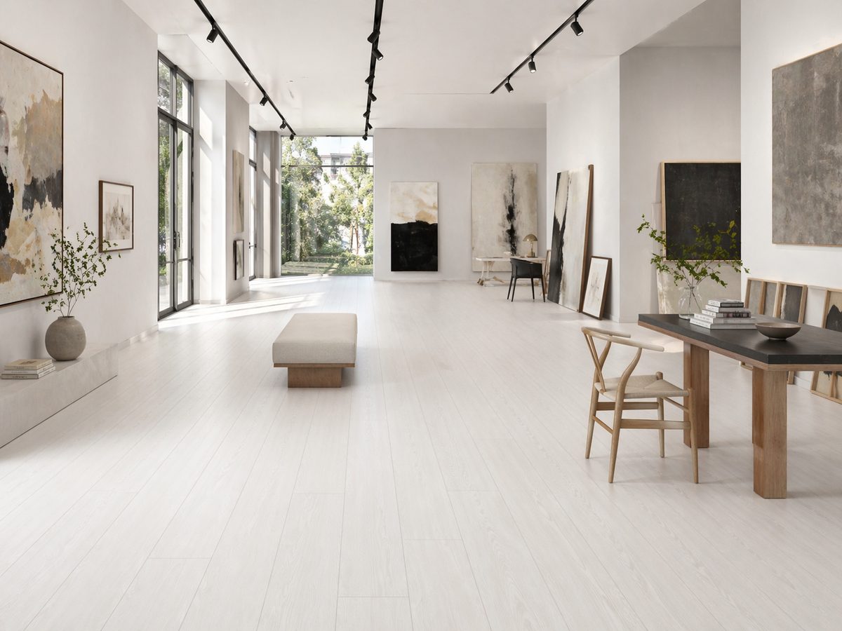 Кварцвинил в арт-галерее — светлый пол Дуб Беленый, белые стены, абстрактная живопись, кресла Ханса Вегнера