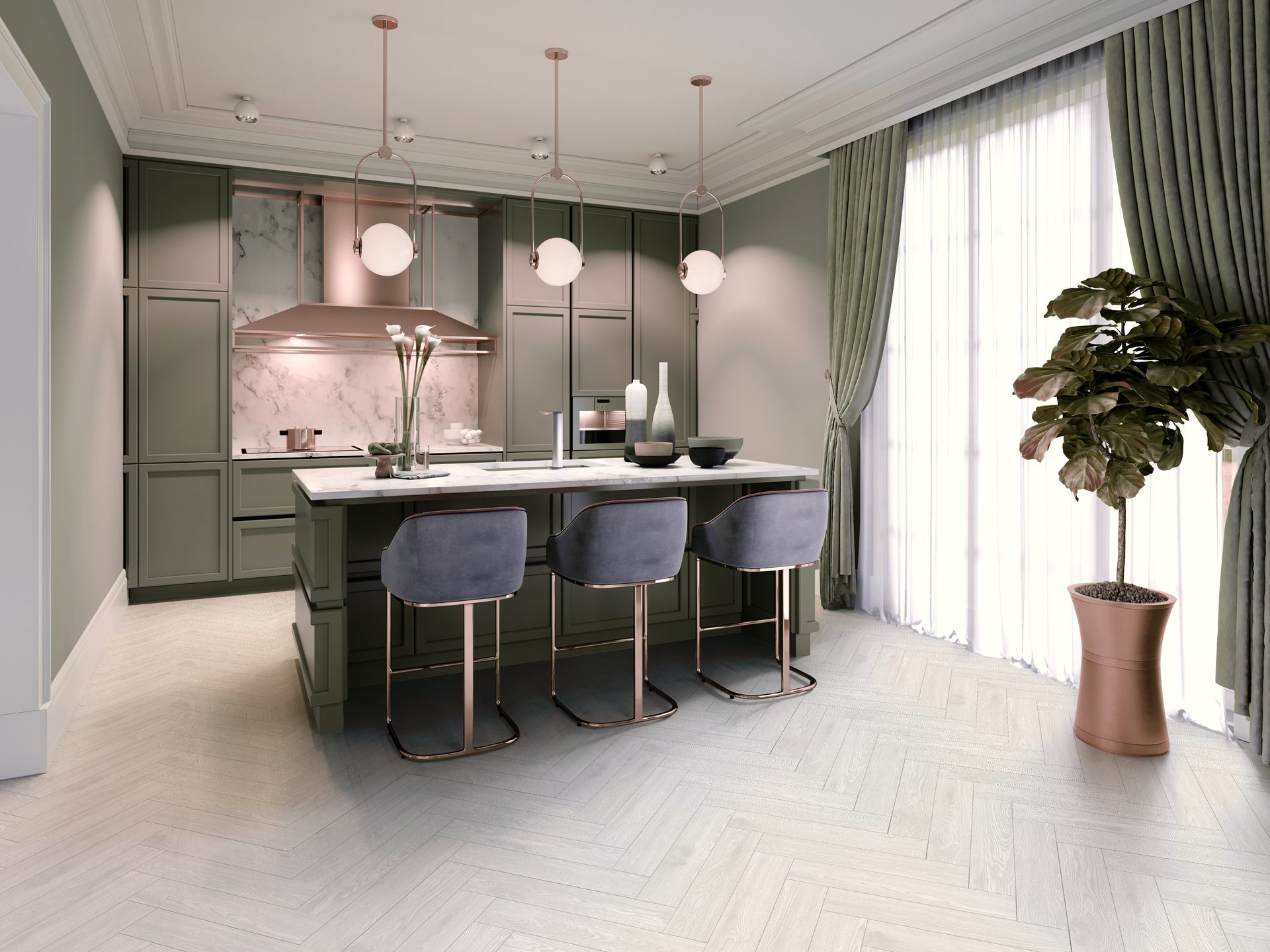 Ёлочка на кухне в классическом стиле — зелёный гарнитур с островом