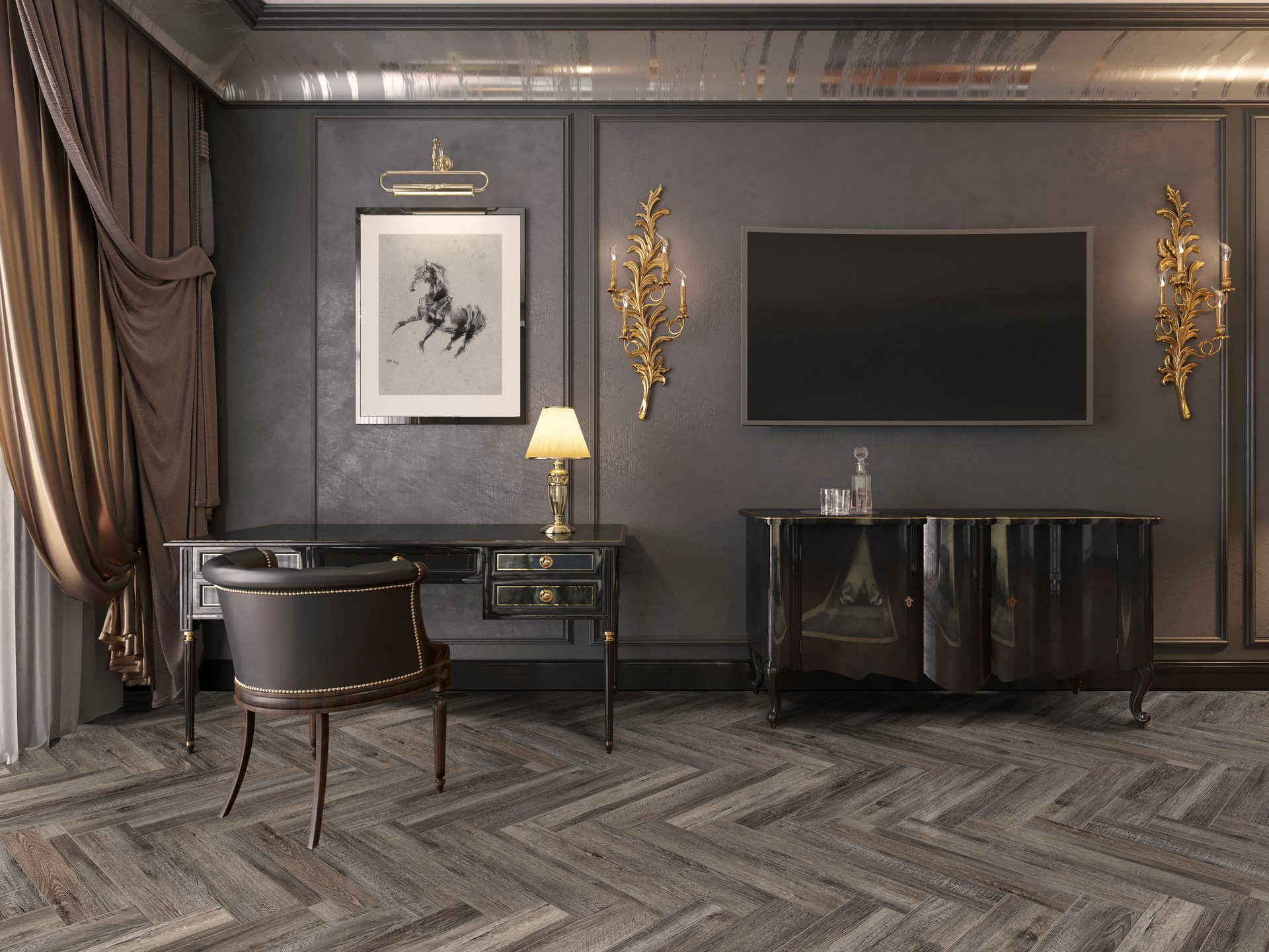 Тёмная ёлочка в кабинете с античным декором