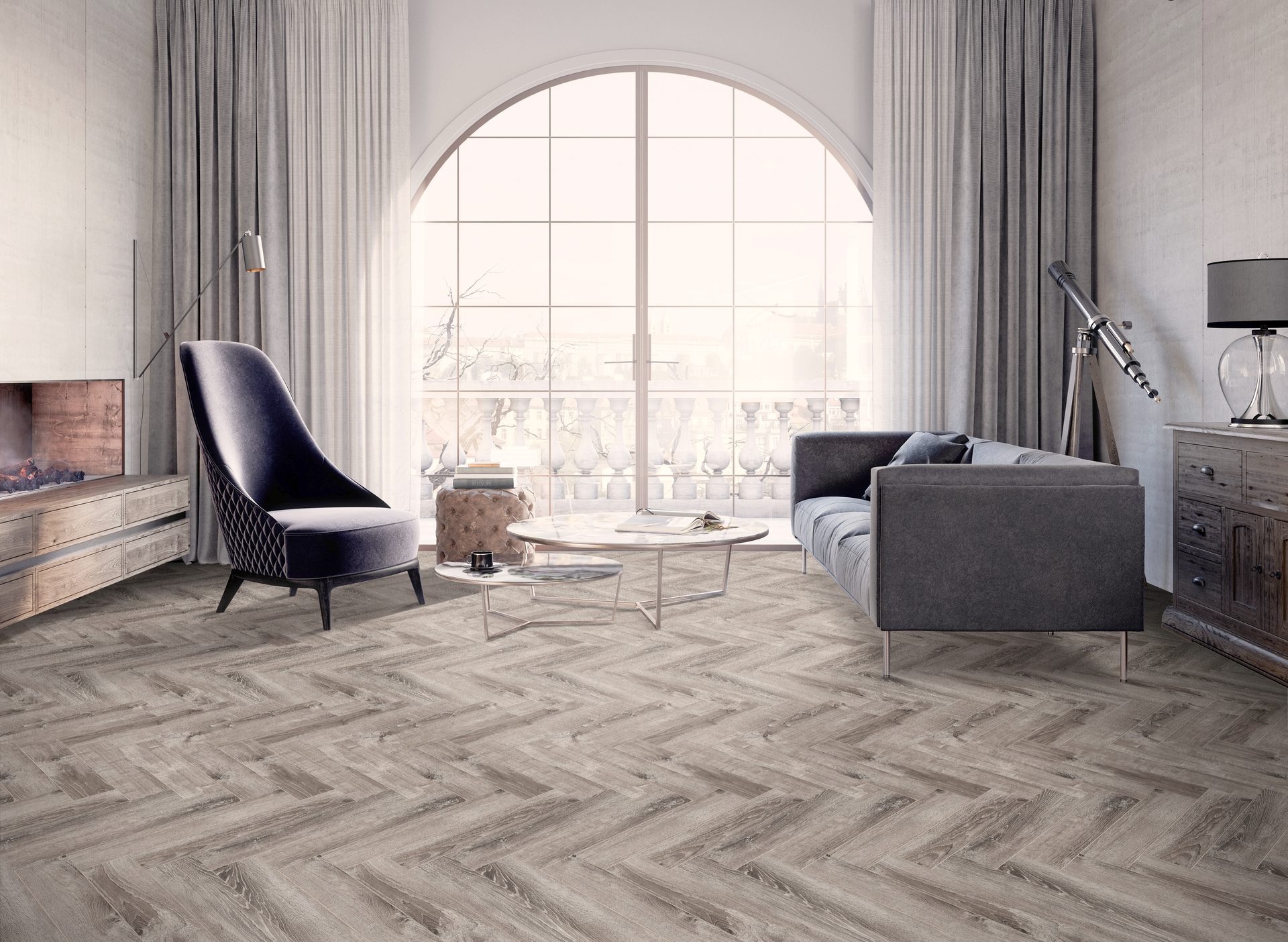 Классическая гостиная с арочным окном и бежевой ёлочкой