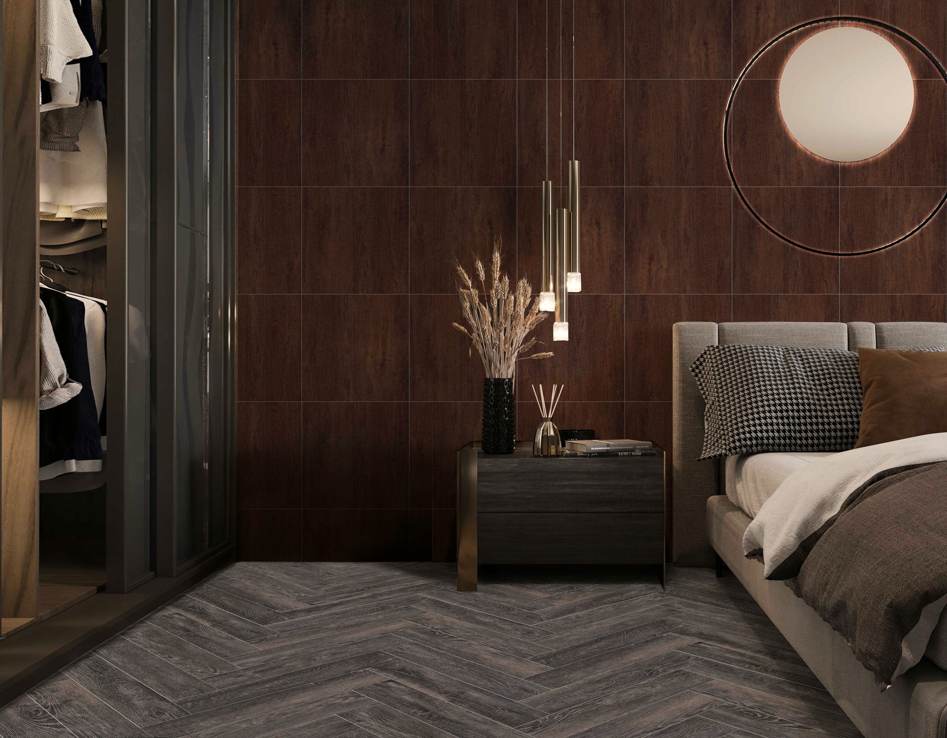 Графитовая ёлочка в спальне с тёплой коричневой стеной