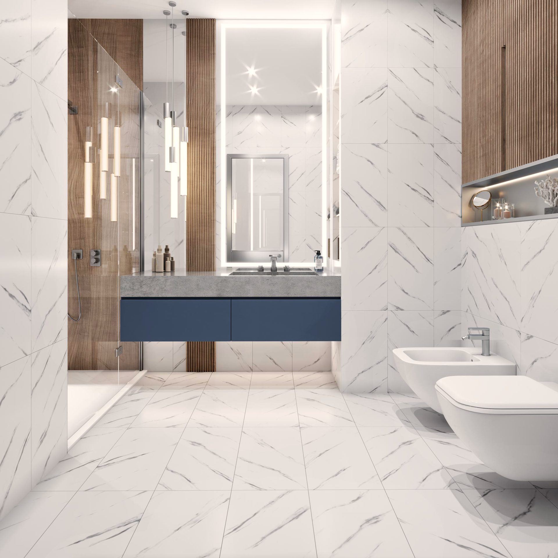 Пол под мрамор в ванной с белой плиточной кладкой