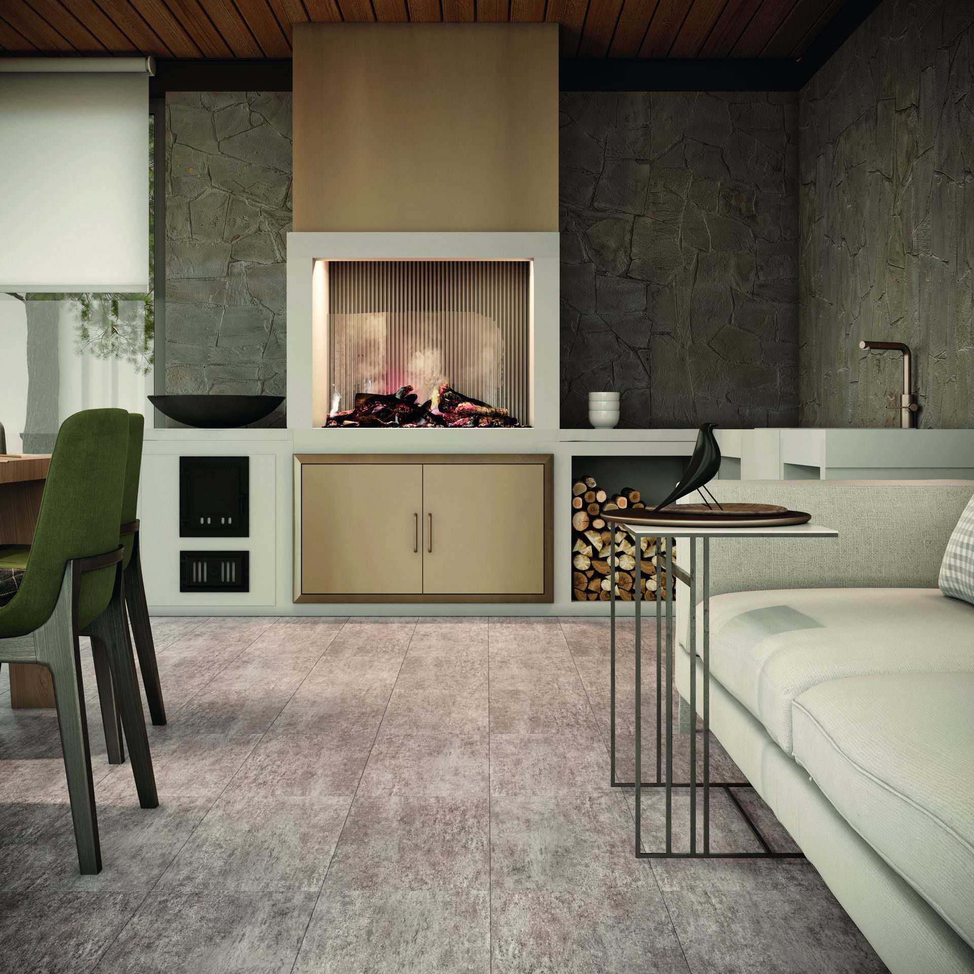 Мраморный SPC в гостиной с камином